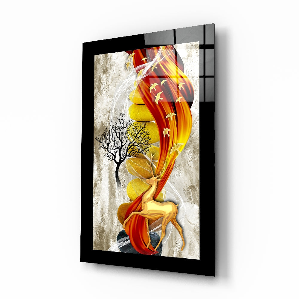 Red Gold Deer Glass Wall Art | insigneart.co.uk