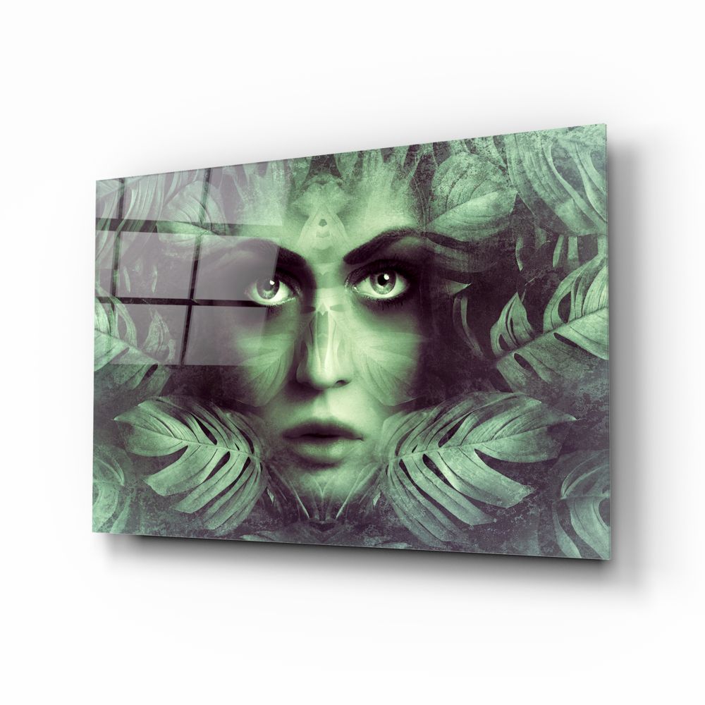 Tropical Leaf and Woman Portrait Glass Wall Art | insigneart.co.uk
